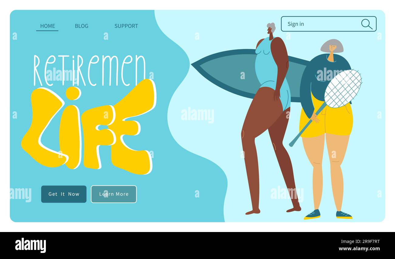 Le donne anziane felici, il carattere argentato, l'anziano con la racchetta da tennis e il tabellone. Illustrazione con scritta sulla pensione di VITA. Il benessere vecchio Illustrazione Vettoriale