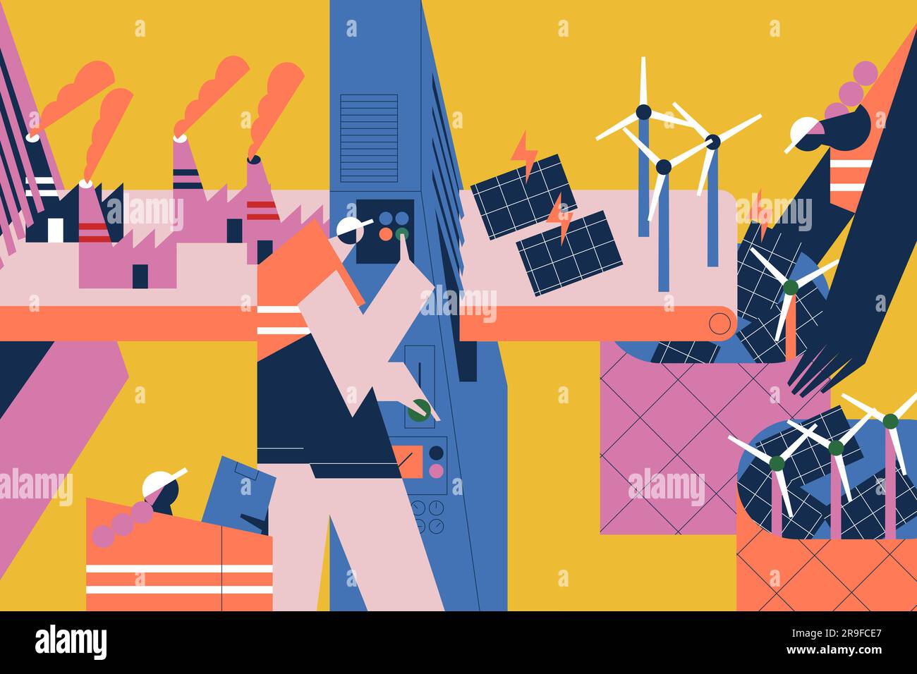 Operatori che lavorano in un impianto per il riciclaggio trasformando le centrali elettriche contaminanti e gli impianti industriali inquinanti tossici in energia verde e chiara Foto Stock