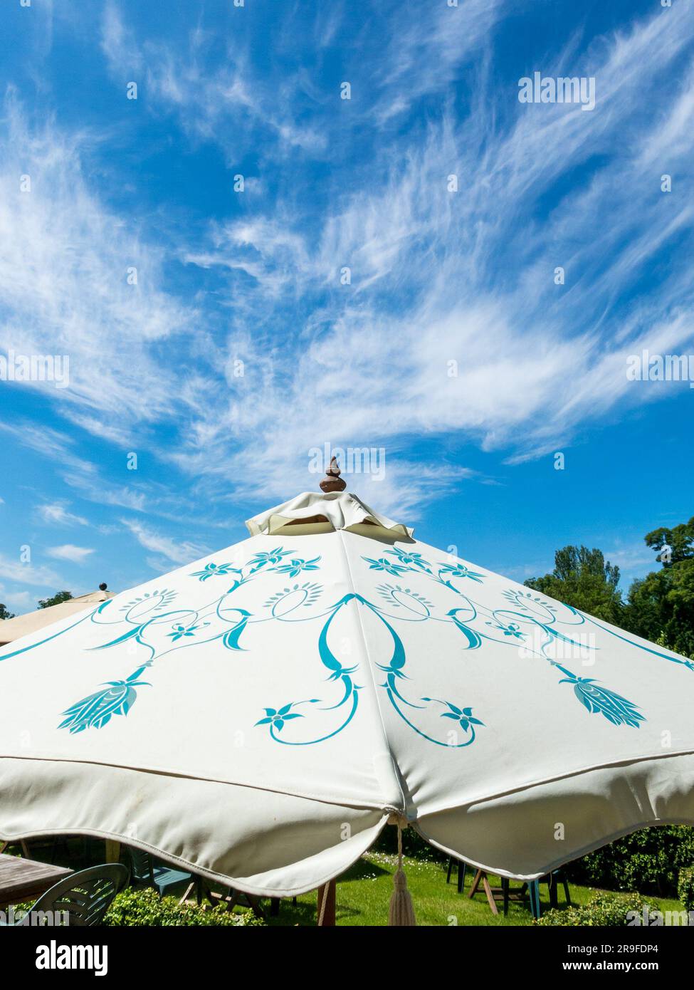 Ombrellone da giardino illuminato dal sole con cielo azzurro e vespe di nuvole bianche alte di cirrus sopra, Inghilterra, Regno Unito Foto Stock