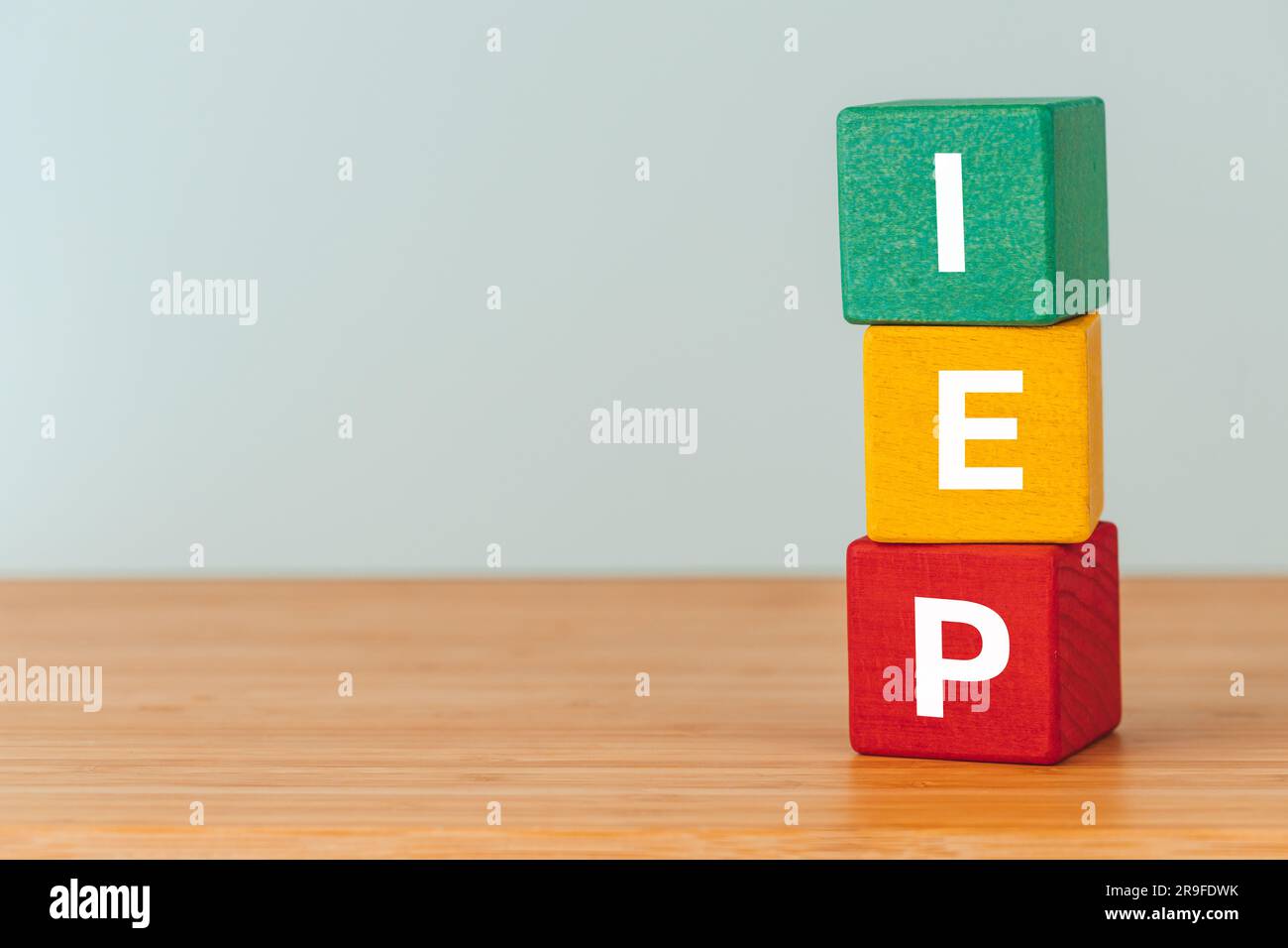 Programma IEP, piano educativo individuale, concetto di business, spazio copia, testo su blocchi di legno naturale Foto Stock