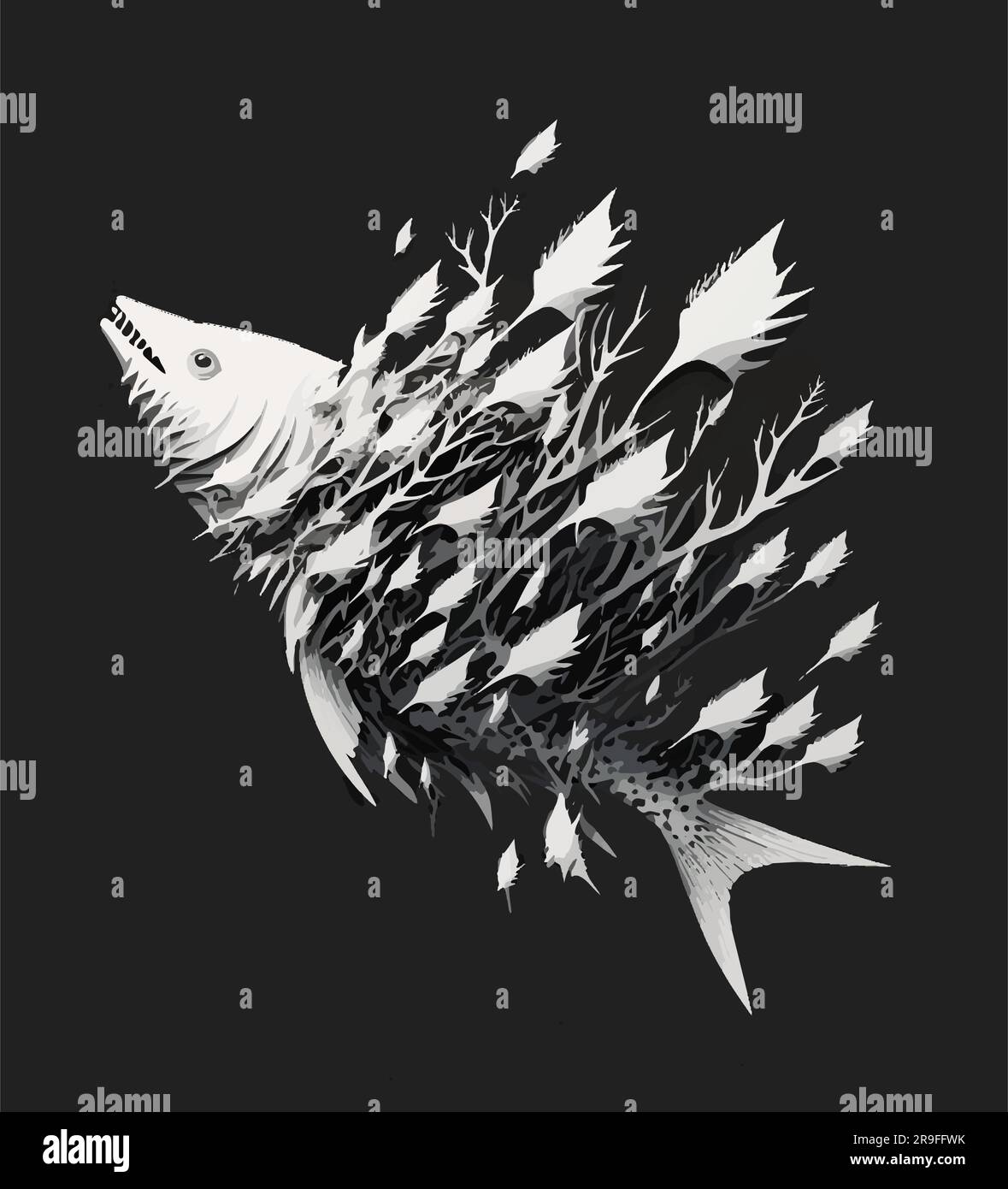 Illustrazione astratta in bianco e nero di un pesce che si dissolve, inquinamento e ambientalismo Illustrazione Vettoriale