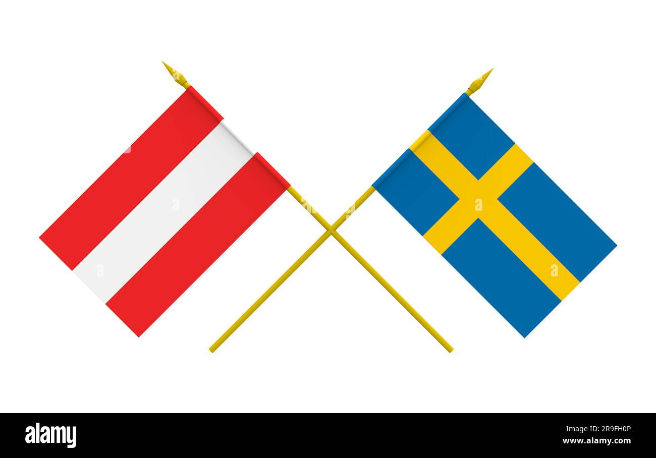 Bandiere di Austria e Svezia, 3d rendering, isolato su bianco Foto Stock