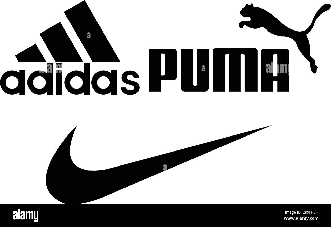 Logo dei marchi Adidas, Puma, Nike sportswear. Marchio di scarpe e T-shirt logotipo nero vettore su sfondo trasparente Illustrazione Vettoriale