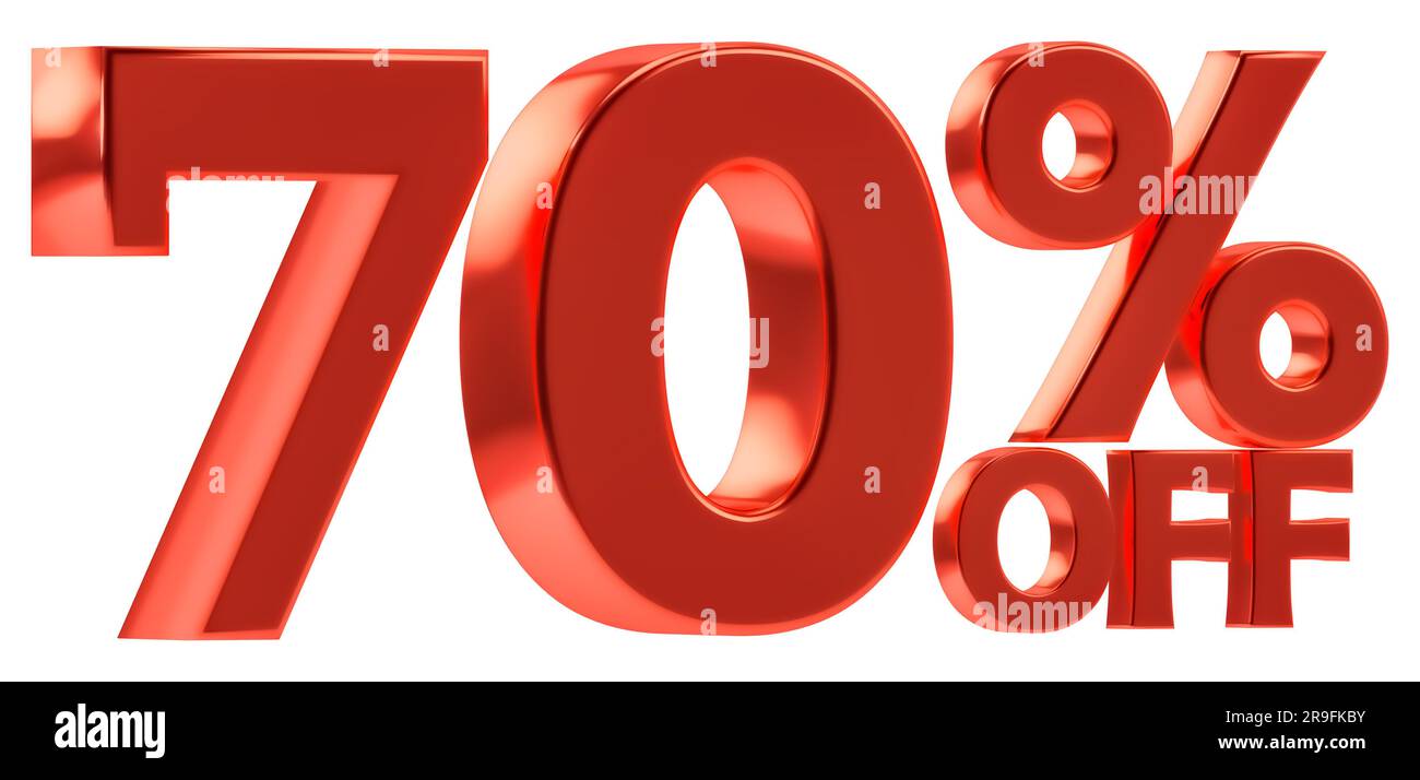 sconto del 70% sulla promozione di vendita. numero 3d con segno di percentuale. Isolato su sfondo bianco Foto Stock
