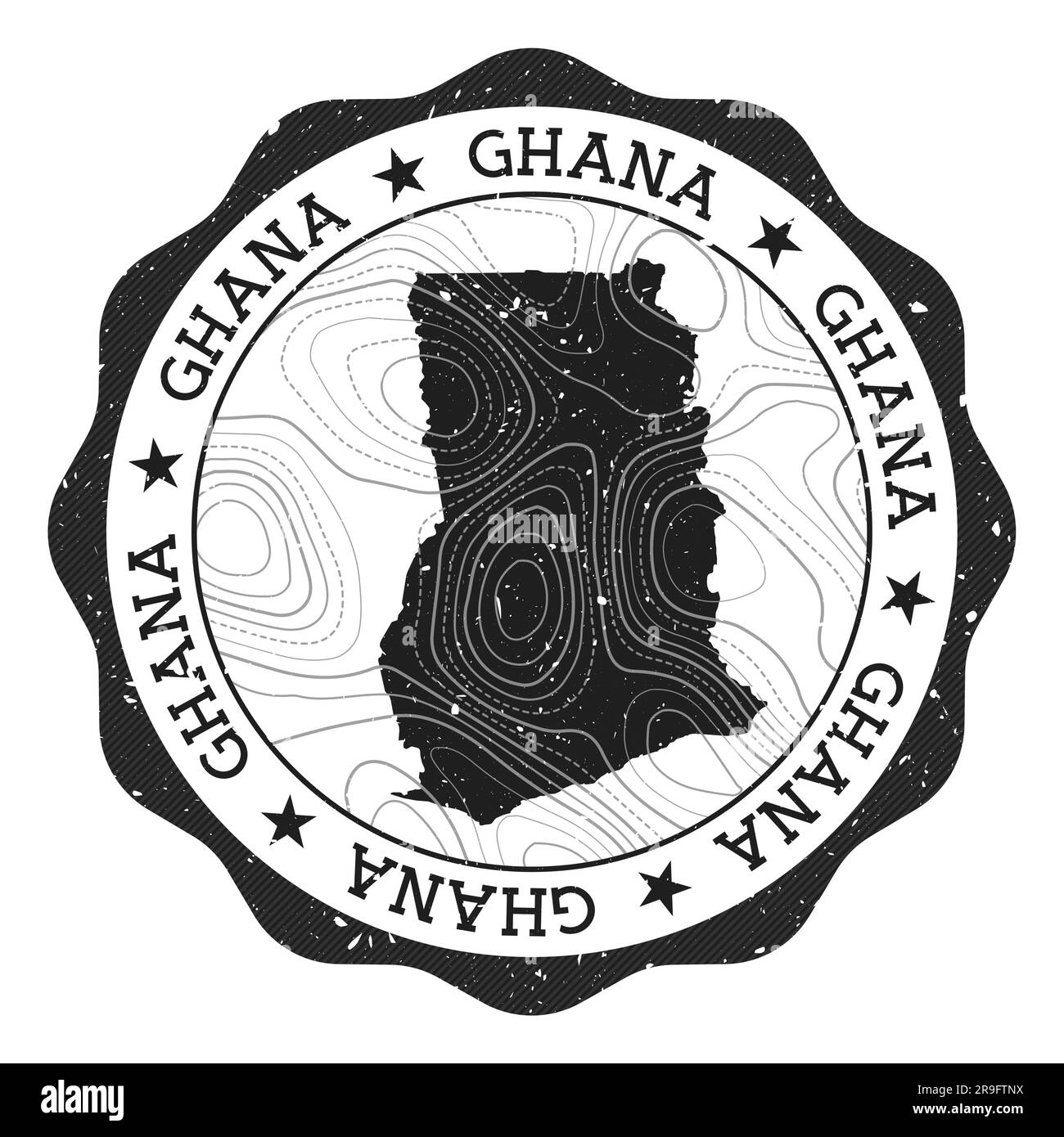 Francobollo all'aperto del Ghana. Adesivo rotondo con mappa del paese con isoline topografiche. Illustrazione vettoriale. Illustrazione Vettoriale