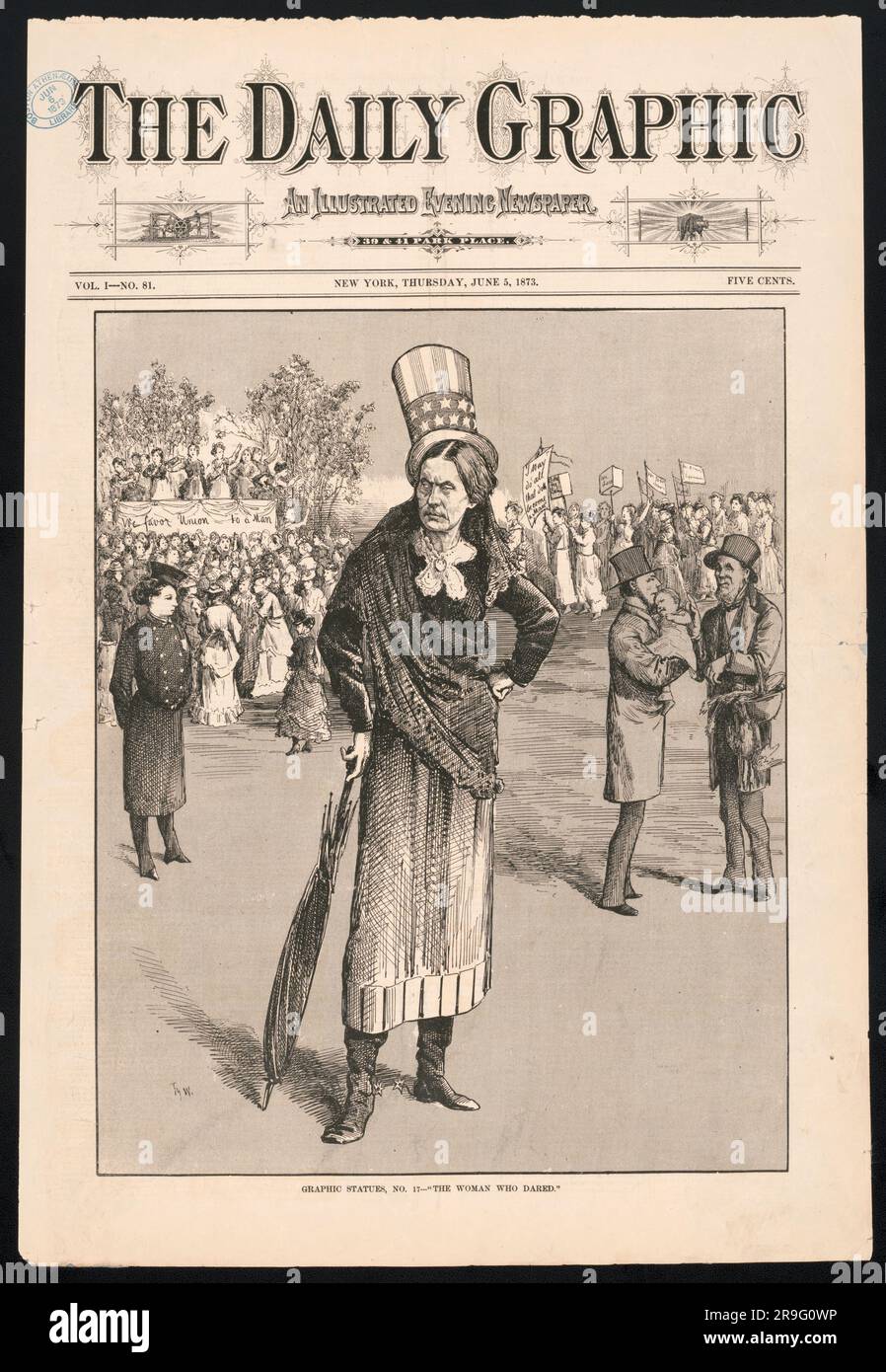 Cartone animato che mostra una Susan B. Anthony simile a un uomo che indossa cappello e speroni, in piedi di fronte a una poliziotta, un uomo che tiene il bambino, un uomo che tiene il cestino di cibo e una folla di donne che sfilano e si battono per l'uguaglianza. Illus. Da: Grafico Daily, v. 1, no 81 (1873 giugno 5). Espose: "Votives for Women: An American Awakening Foto Stock