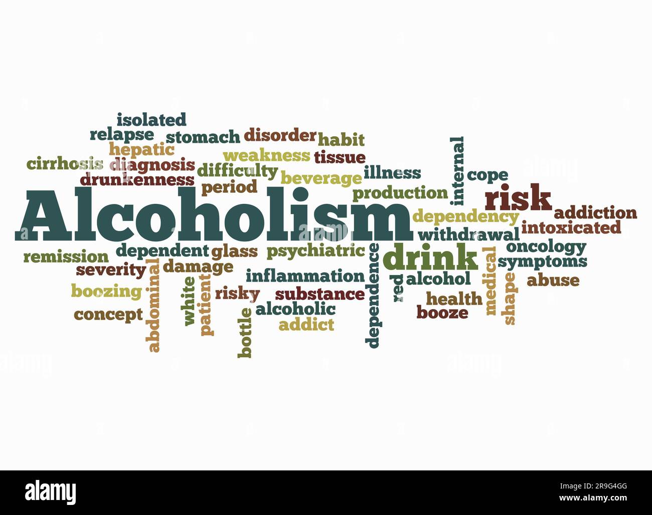 Word Cloud con concetto di ALCOLISMO creare solo con testo. Foto Stock