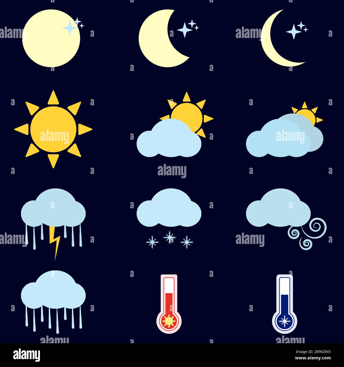 Icone delle previsioni meteo illustrazione vettore su sfondo scuro Illustrazione Vettoriale