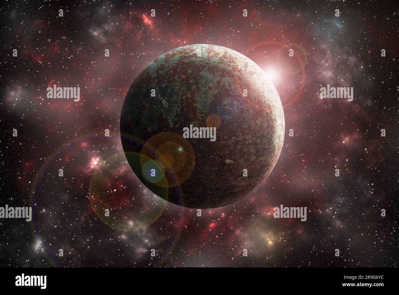 Pianeta sconosciuto dallo spazio esterno. Nebulosa spaziale. Gruppo cosmico di stelle Foto Stock