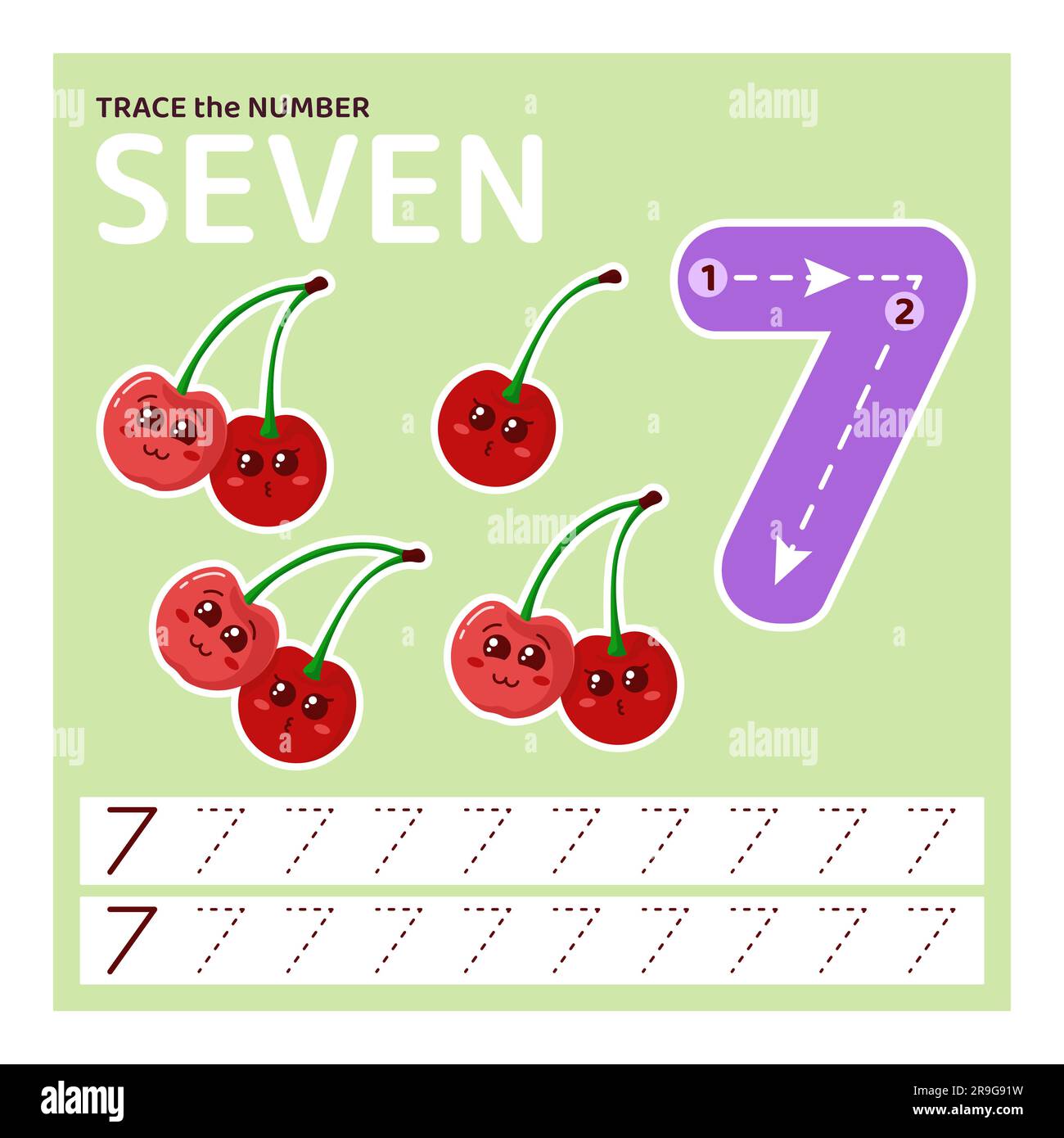 Traccia numero sette. Imparare a contare e scrivere. Illustrazione Vettoriale
