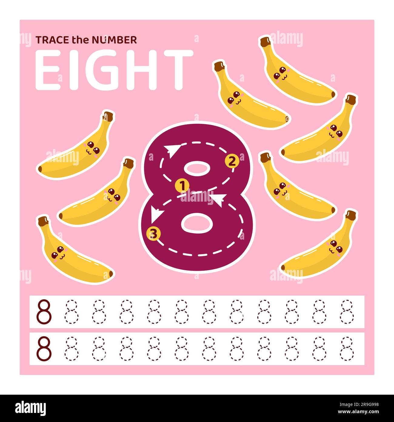 Traccia numero otto. Imparare a contare e scrivere. Illustrazione Vettoriale