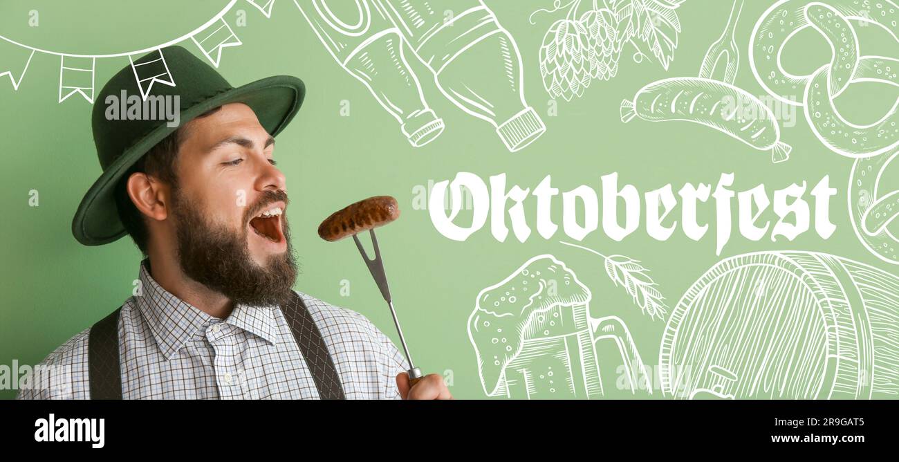 Striscione per l'Oktoberfest con un uomo tedesco che mangia gustose salsicce Foto Stock