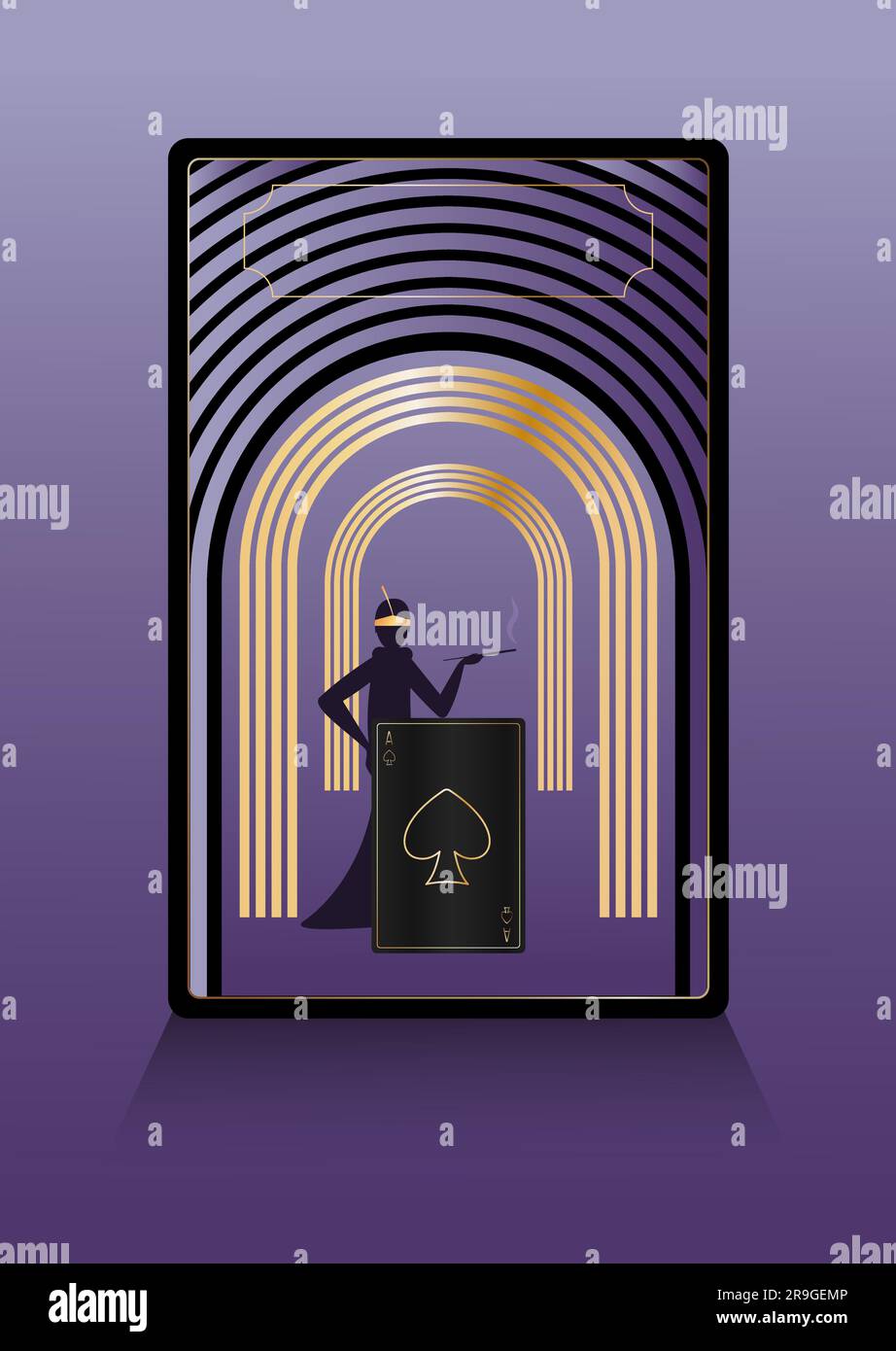 ACE di picche dorate su una carta da gioco nera, archi donna e oro stile Art Deco modello per banner spazio copia illustrazione vettoriale Illustrazione Vettoriale