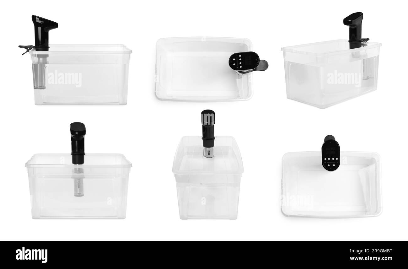 Collage con pentole sous vide in contenitore isolato su bianco. Circolatore a immersione termica Foto Stock
