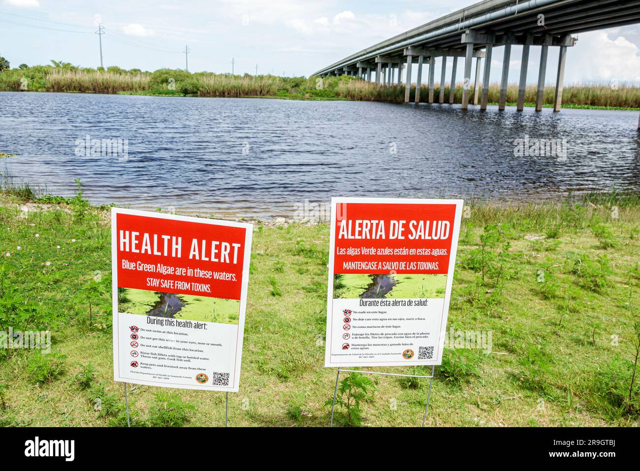 Sanford Florida, Cameron Wight Park, Lake Jesup George C. Means Memorial Bridge, allerta di salute tossine di alghe verdi blu, avviso di sicurezza, lingua inglese spagnola Foto Stock