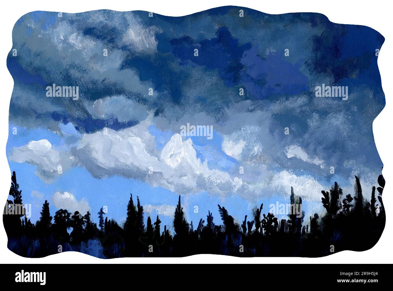 Paesaggio con cielo e nuvole sopra la silhouette della foresta. prima della tempesta. Le nuvole di Cumulus sono chiare e scure. Sfumature diverse Foto Stock