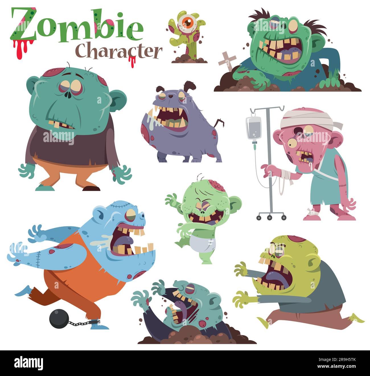 Un'illustrazione spettrale e divertente in stile cartoni animati che presenta una varietà di personaggi zombie in diverse forme e personalità. Illustrazione Vettoriale