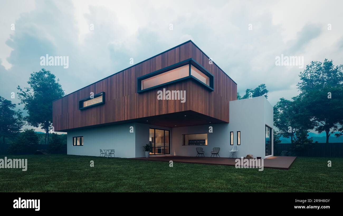 Vista prospettica di una moderna casa a due piani in una giornata nuvolosa con finiture in legno e vernice bianca e rendering 3D. Foto Stock Vista prospettica di una moderna casa a due piani in una giornata nuvolosa con finiture in legno e vernice bianca e rendering 3D. Foto Stock