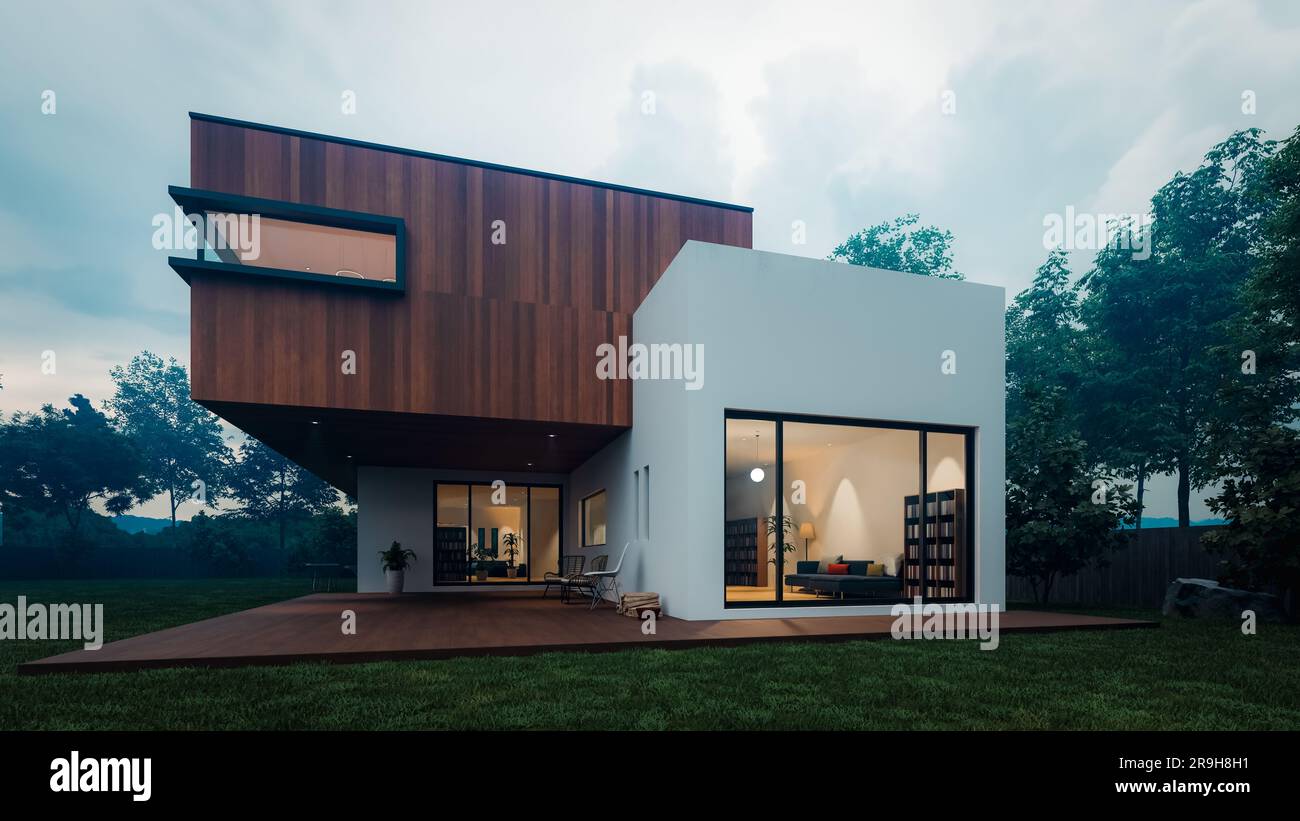 Vista prospettica di una moderna casa a due piani in una giornata nuvolosa con finiture in legno e vernice bianca e rendering 3D. Foto Stock Vista prospettica di una moderna casa a due piani in una giornata nuvolosa con finiture in legno e vernice bianca e rendering 3D. Foto Stock