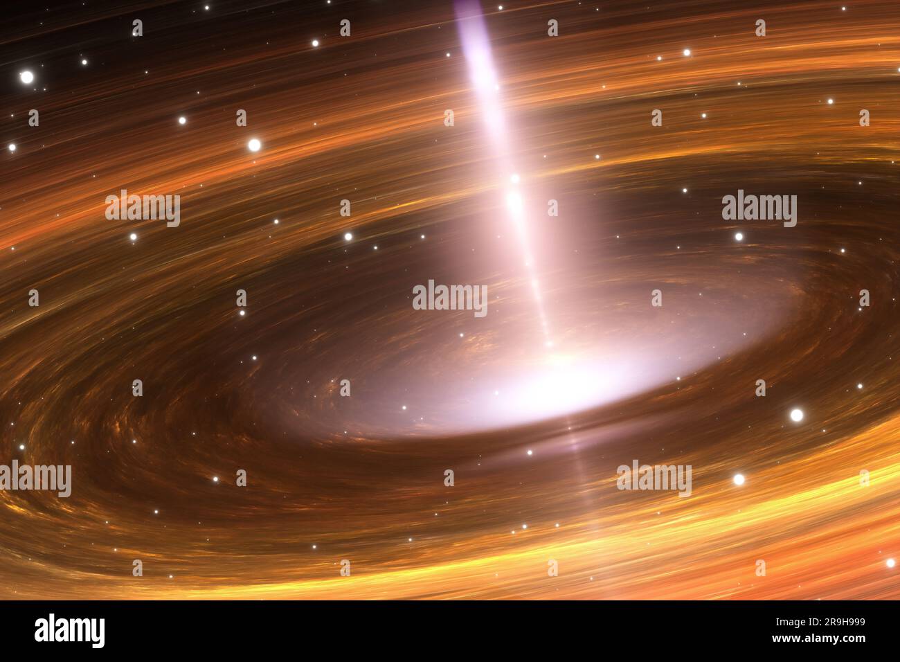 Nucleo galattico. Buco nero supermassiccio al centro della galassia a spirale. Illustrazione 3D. Foto Stock