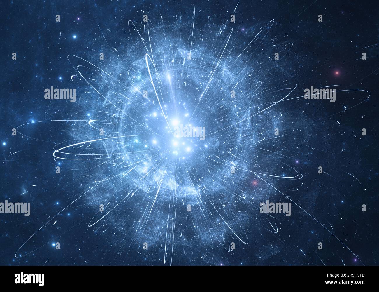 Orbite casuali di stelle intorno al centro galattico. Illustrazione 3D. Foto Stock