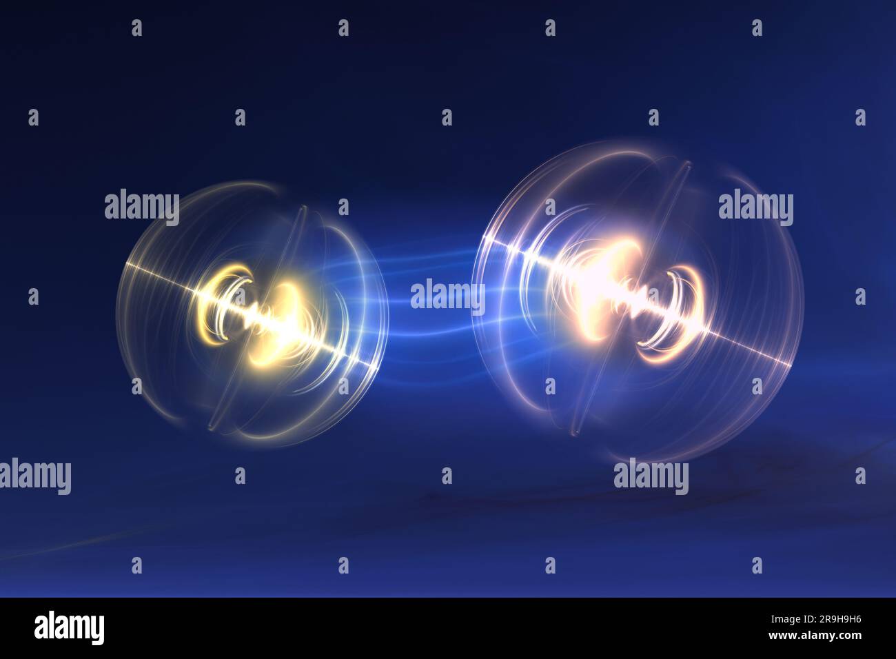 Particelle, entanglement quantico (correlazione quantistica), meccanica quantistica. illustrazione 3d Foto Stock
