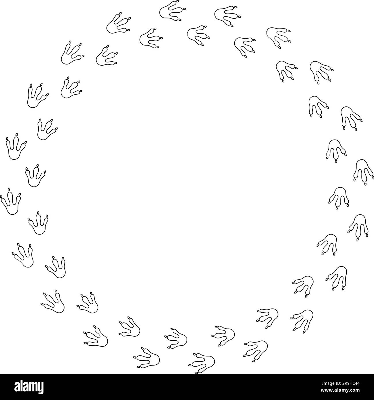 Telaio rotondo con ingombro del drago. Bordo della zampa di dinosauro circolare disegnata a mano. Modello del telaio del piede del drago. Dino carino bordo texture percorso. Vettore Illustrazione Vettoriale