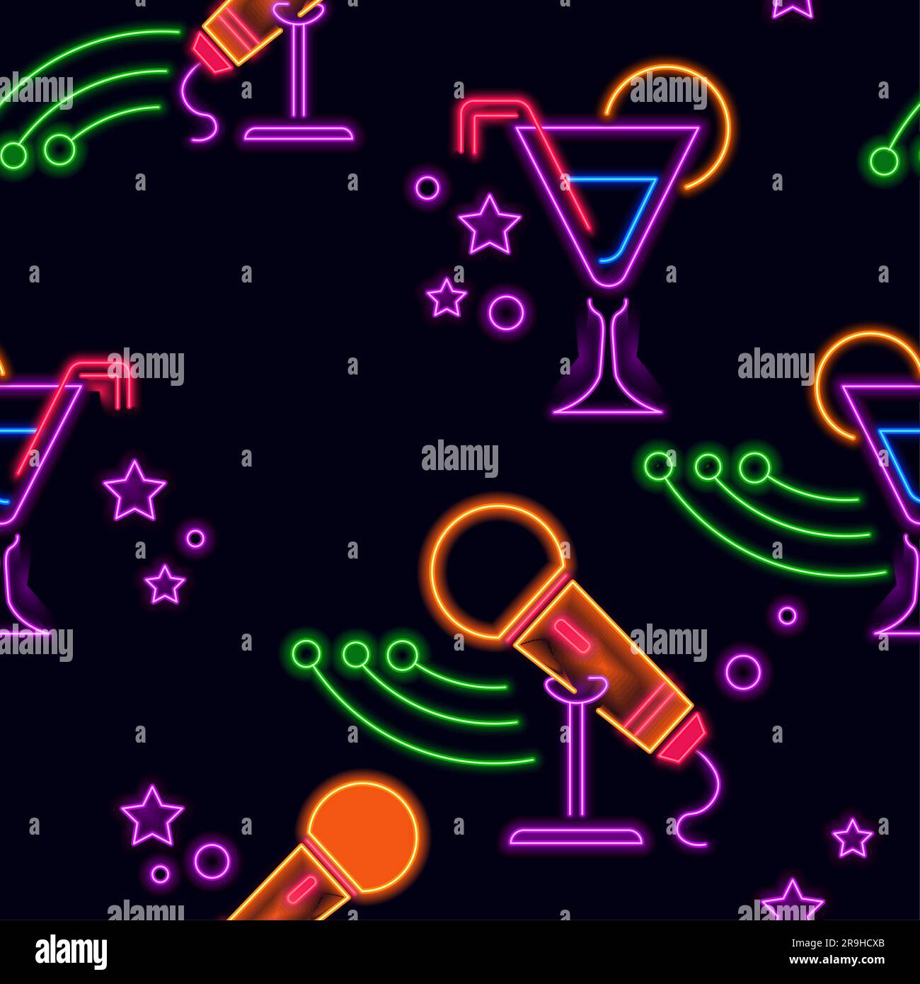 Cocktail e microfono, insegne al neon con stampa senza cuciture Illustrazione Vettoriale