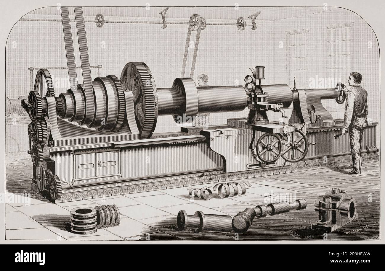 tornio a letto piatto del xix secolo. Dopo un'illustrazione in Appletons' Cyclopedia of Applied Mechanics, pubblicato nel 1880. Foto Stock