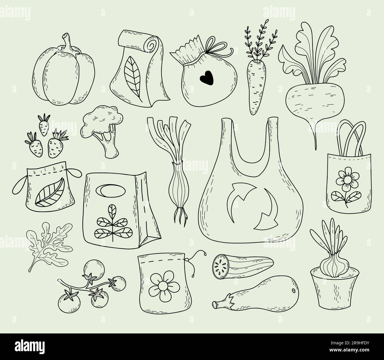 Sacchetti ecologici, sacchetti di carta riutilizzabili, frutta e verdura. Illustrazione vettoriale. Disegni manuali di contorno isolati. Protezione dell'ambiente, prodotti ecologici Illustrazione Vettoriale