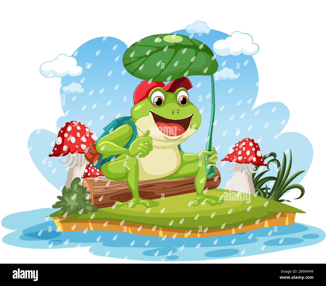 Illustrazione del personaggio Green Frog Cartoon Holding Leaf Umbrella Illustrazione Vettoriale