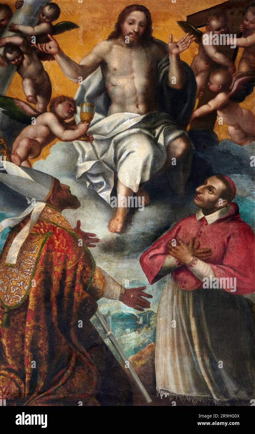 Gesù risorto con S. Zenone e S. Carlo Borromeo - olio su tela - Grazio Cossali - XVII secolo - Ronco di Gussago (BS), chiesa parrocchiale di San Zen Foto Stock