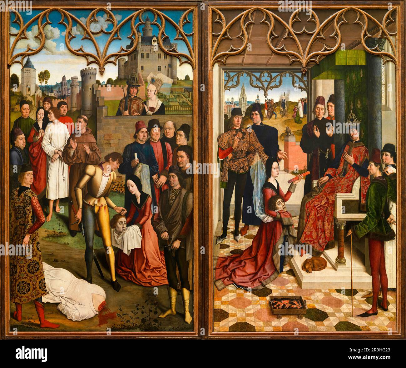 Dieric Bouts, giustizia dell'imperatore Ottone III: Decapitazione dell'innocente conte/calvario dal fuoco, dipinto ad olio su legno, 1471-1475 Foto Stock