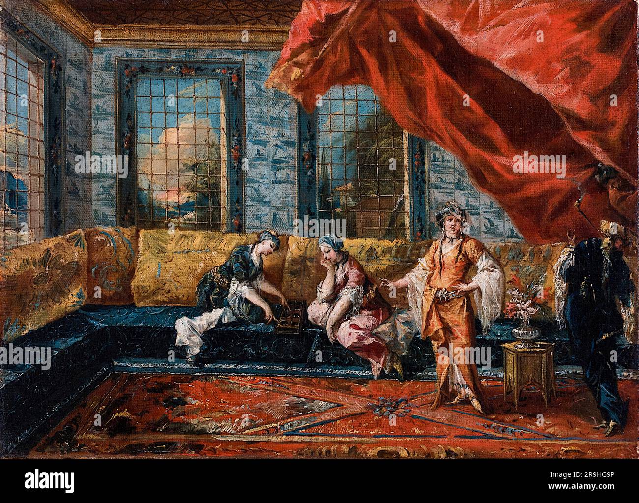 Francesco guardi e Giovanni Antonio guardi, due Odalischi che interpretano Mancala nell'Harem, pittura ad olio su tela, 1742-1743 Foto Stock