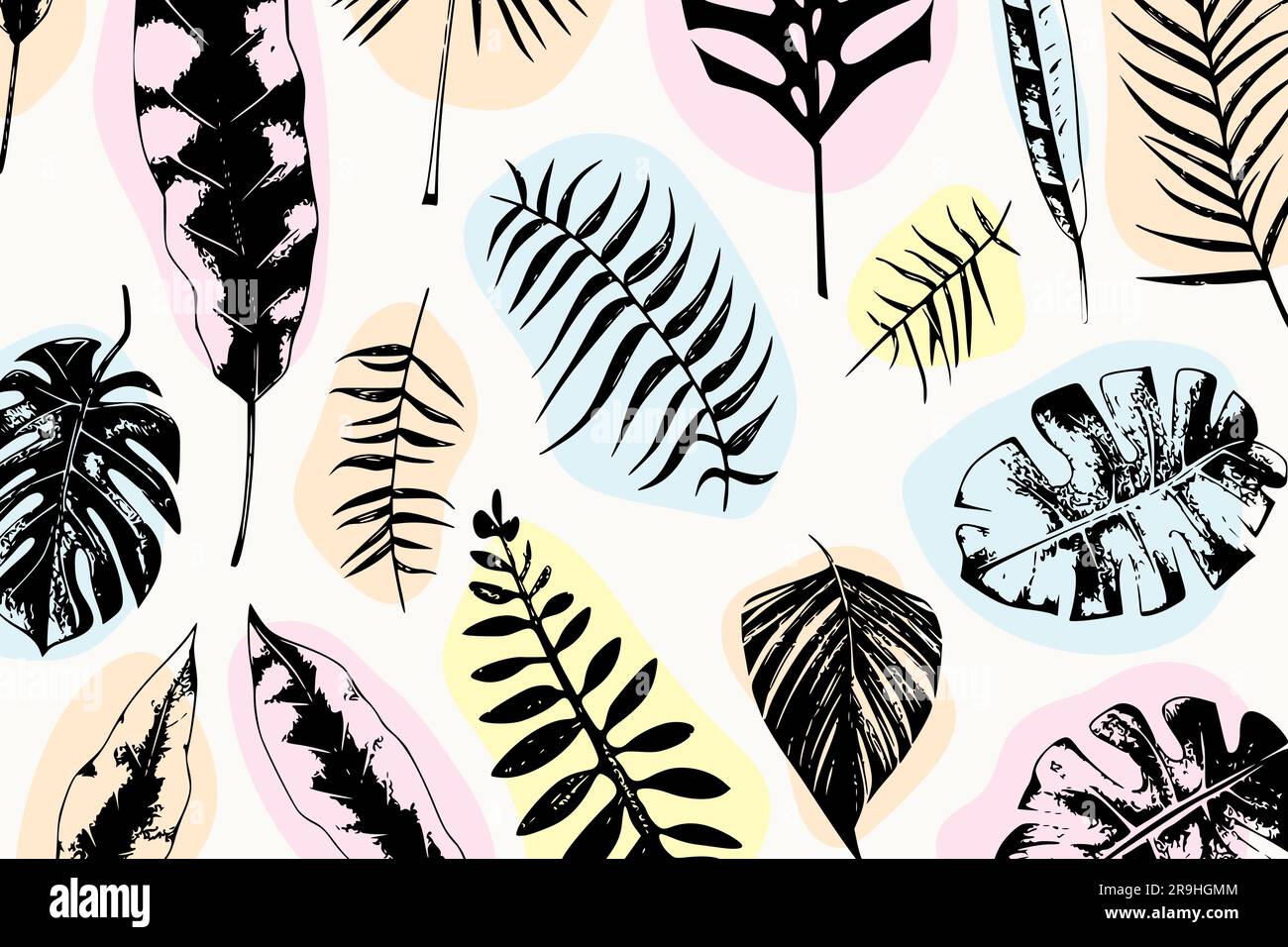 set illustrativo di piante tropicali e foglie, stile disegnato a mano, schizzo di contorno. Illustrazione Vettoriale
