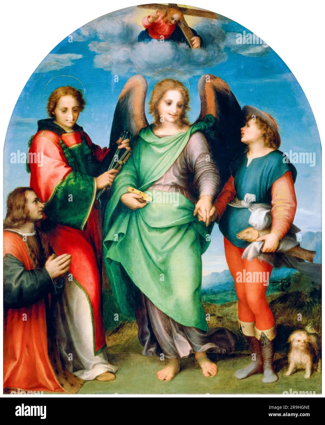 Andrea del Sarto, l'Arcangelo Raffaello con Tobias, San Leonardo e il donatore Leonardo di Lorenzo Morelli, dipinto ad olio su tavola, 1512 Foto Stock