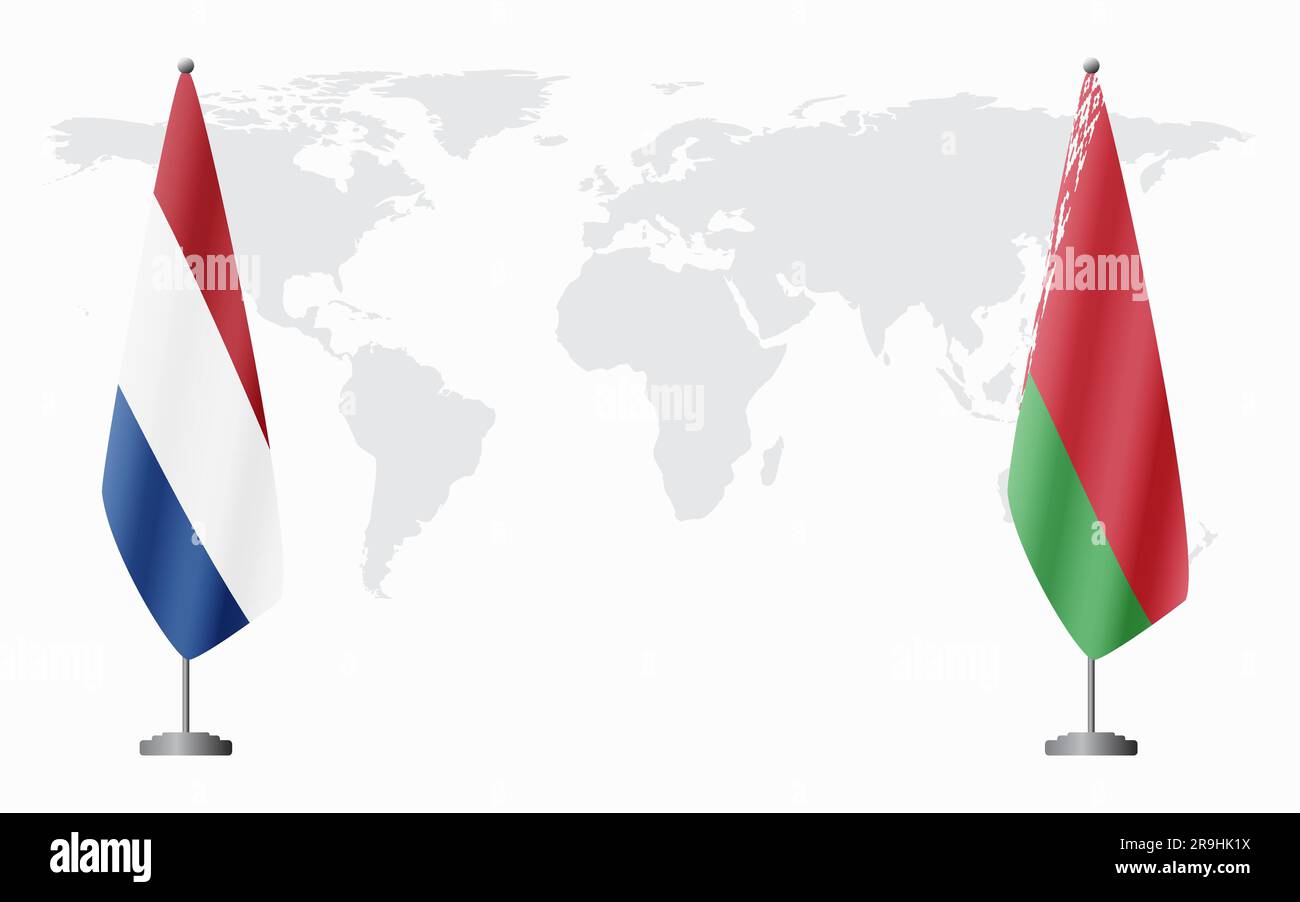 Bandiere olandesi e bielorusse per riunioni ufficiali sullo sfondo della mappa mondiale. Illustrazione Vettoriale