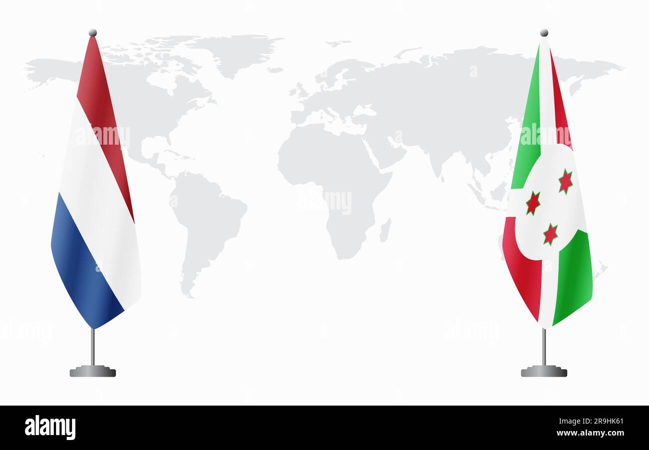 Bandiere dei Paesi Bassi e del Burundi per un incontro ufficiale sullo sfondo della mappa mondiale. Illustrazione Vettoriale