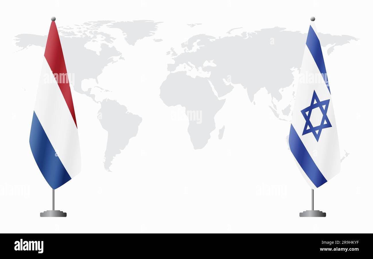 Bandiere dei Paesi Bassi e di Israele per un incontro ufficiale sullo sfondo della mappa mondiale. Illustrazione Vettoriale