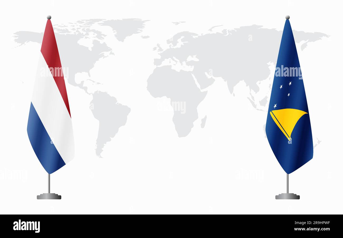 Bandiere dei Paesi Bassi e Tokelau per un incontro ufficiale sullo sfondo della mappa mondiale. Illustrazione Vettoriale