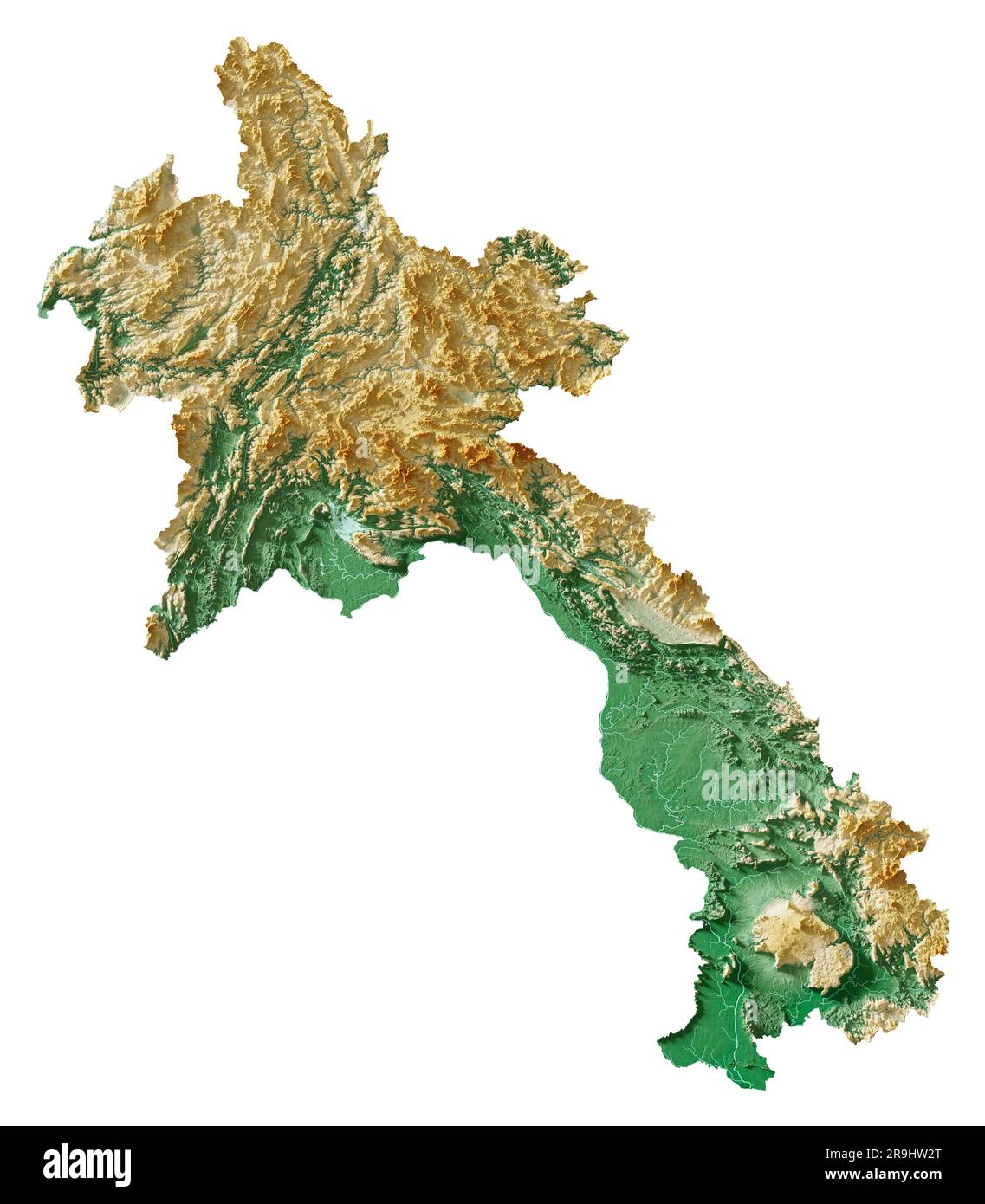 Laos. Rendering 3D estremamente dettagliato della mappa di rilievo ombreggiato con fiumi e laghi. Colorato in base all'elevazione. Sfondo bianco puro. Dati satellitari. Foto Stock