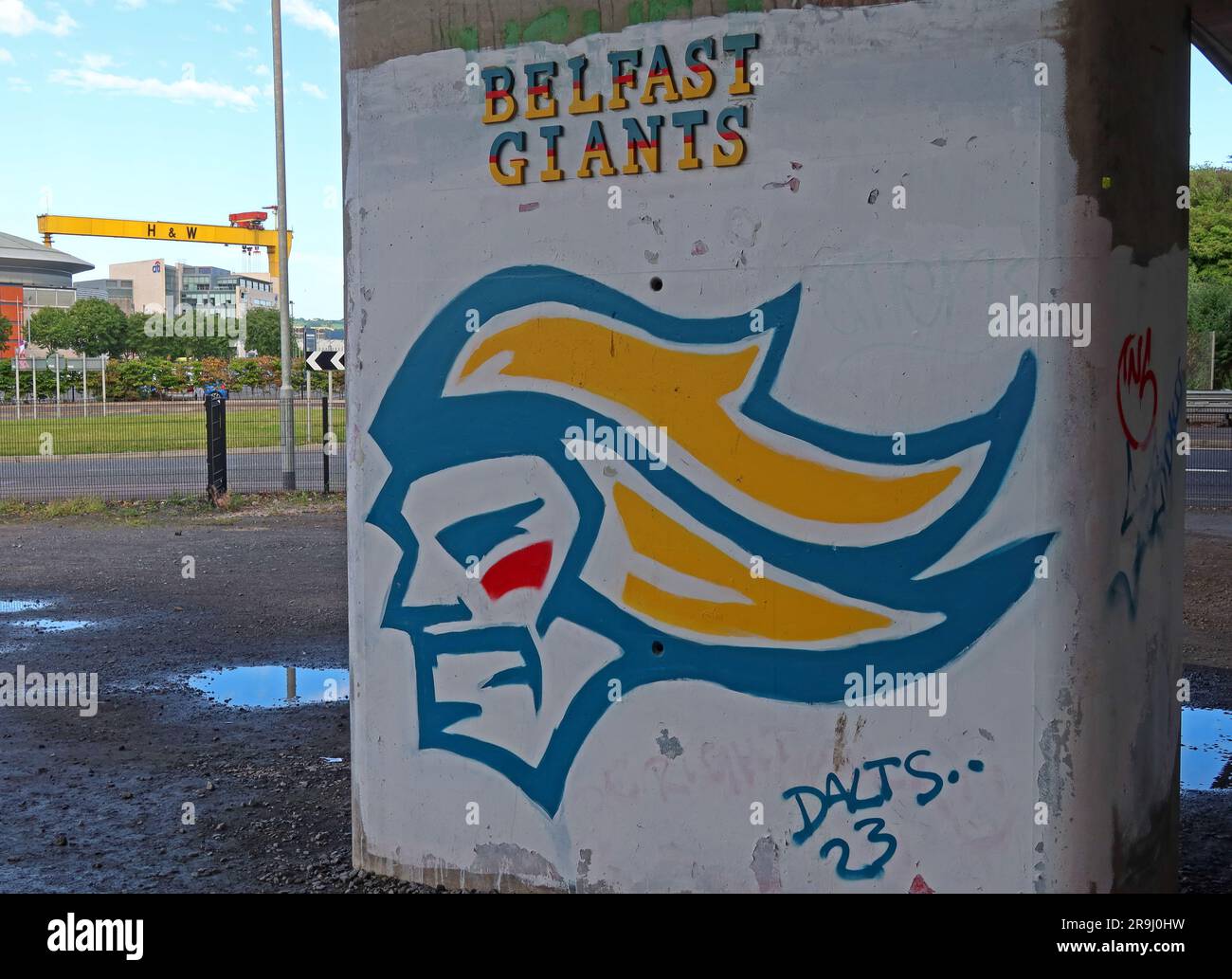 Graffiti dei Belfast Giants da Dalts 23, lungofiume, Titanic Quarter, in vista delle gru H&W Harland & Wolff Samson e Goliath & SSE Arena Foto Stock