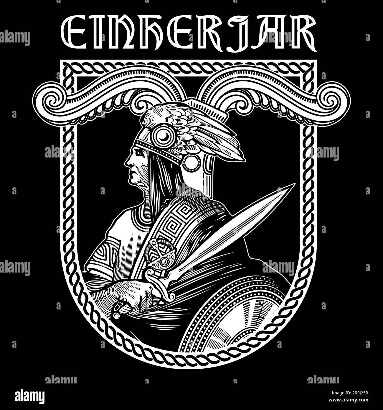 Design vichingo. Vecchi guerrieri norrani con scudo e spada Illustrazione Vettoriale