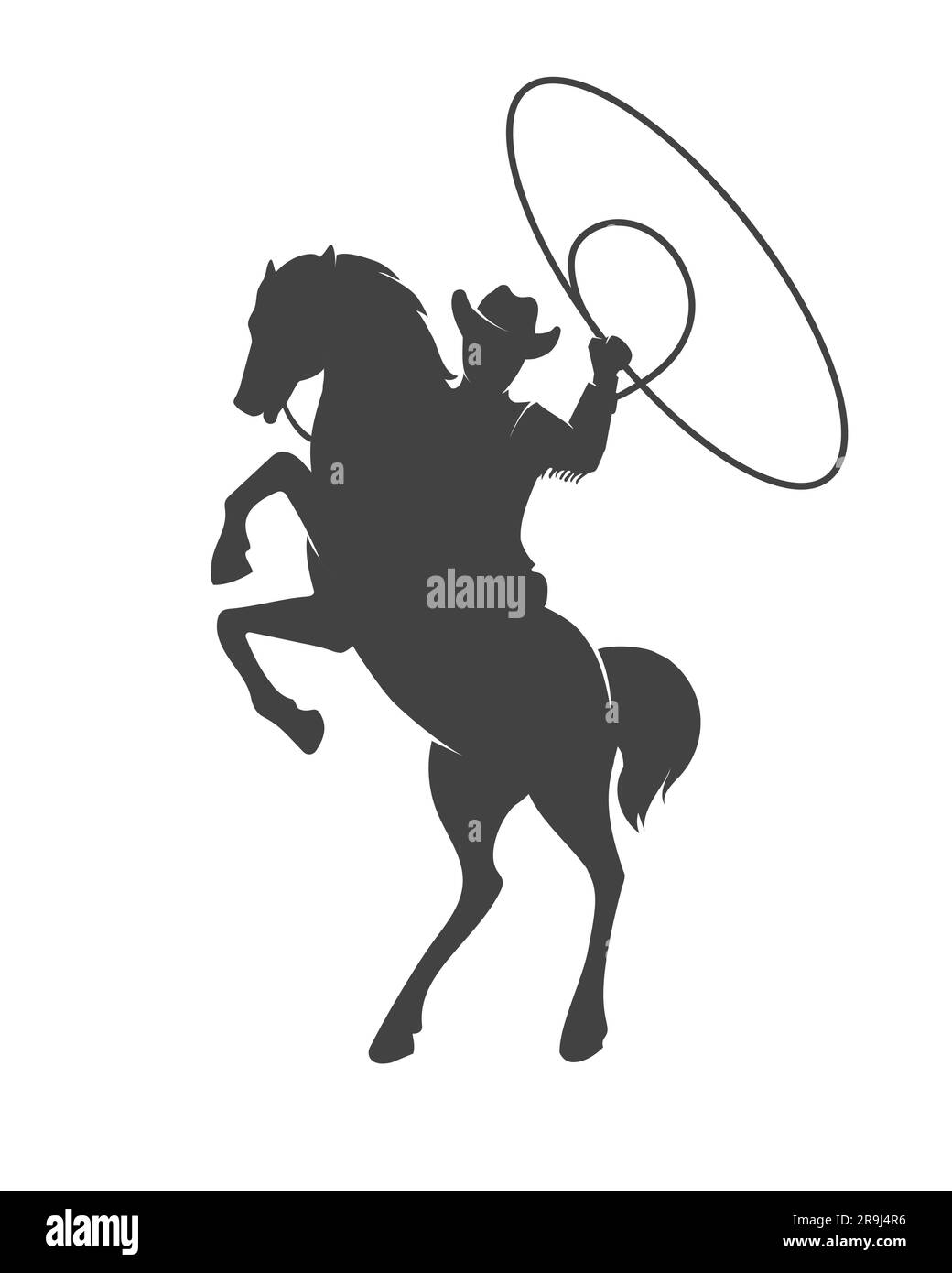 Cowboy a cavallo con silhouette lasso emblema monocromatico isolato su bianco. Illustrazione vettoriale Illustrazione Vettoriale