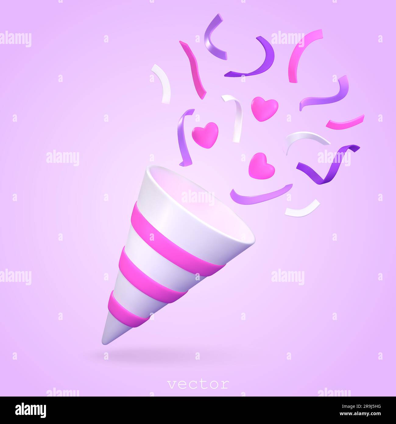 Party Poppers 3d con Flying Confetti, Serpentine e Hearts. Firecracker esplode con Ribbon per sorpresa, compleanno, anniversario. Vector rende Illustrazione Vettoriale