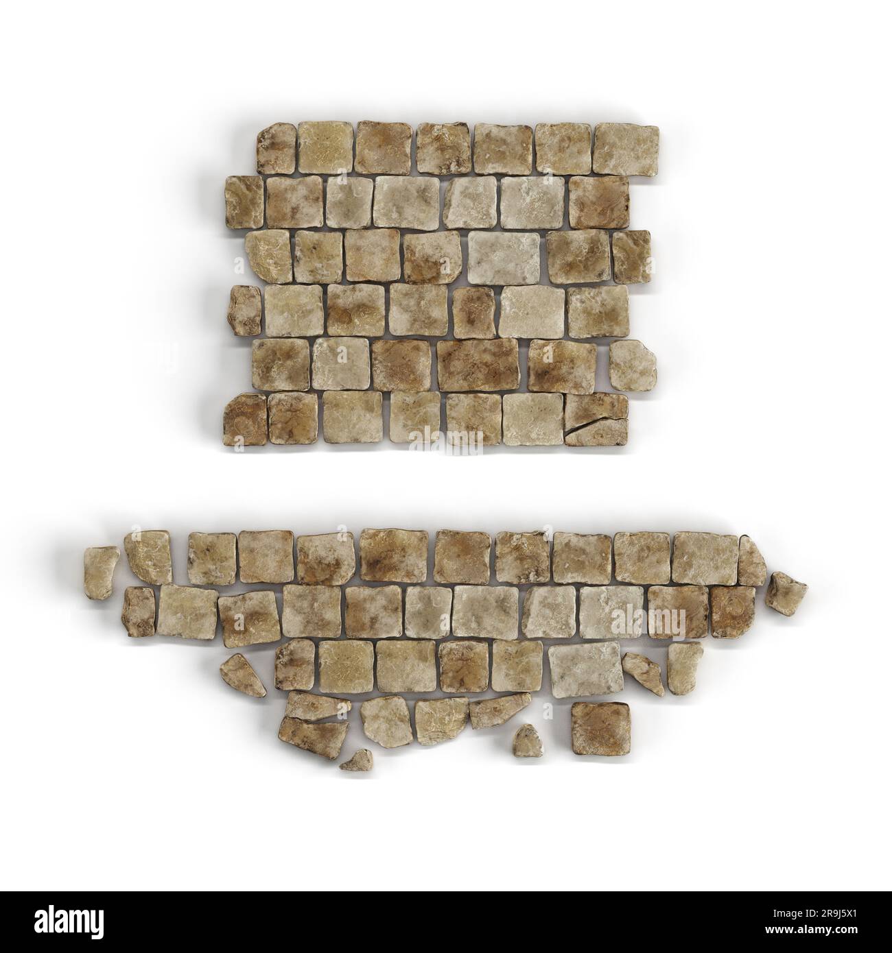 Un'immagine sopra l'alto di una disposizione 3D rappresentata di parti murarie in pietra marrone Foto Stock