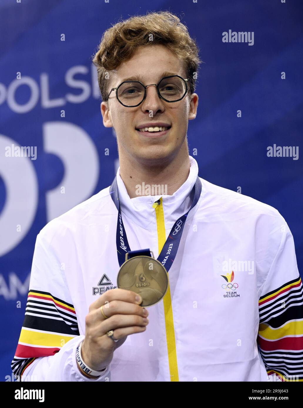 Cracovia, Polonia. 27 giugno 2023. Il belga Stef Van Campenhout celebra la sua medaglia di bronzo nella gara di foil maschile, ai Giochi europei di Cracovia, in Polonia, martedì 27 giugno 2023. I III Giochi europei, informalmente noti come Cracovia-Malopolska 2023, sono un evento sportivo internazionale in programma che si terrà dal 21 giugno al 02 luglio 2023 a Cracovia e Malopolska, in Polonia. BELGA PHOTO LAURIE DIEFFEMBACQ Credit: Belga News Agency/Alamy Live News Foto Stock