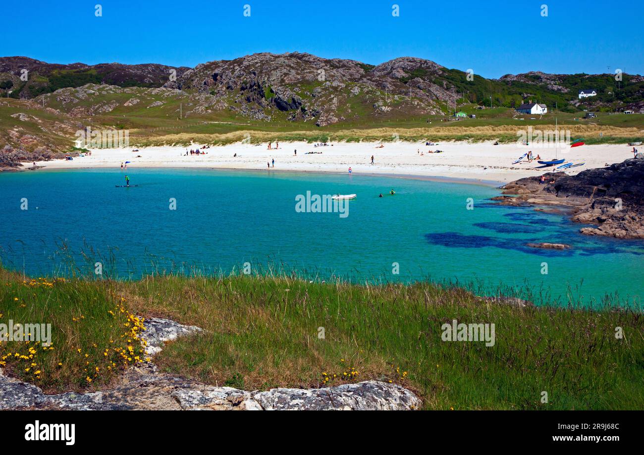Spiaggia di Achmelvich ad Assynt, Sutherland, North West Scotland, Achmelvich Bay, Beach, Scozia, Regno Unito Foto Stock