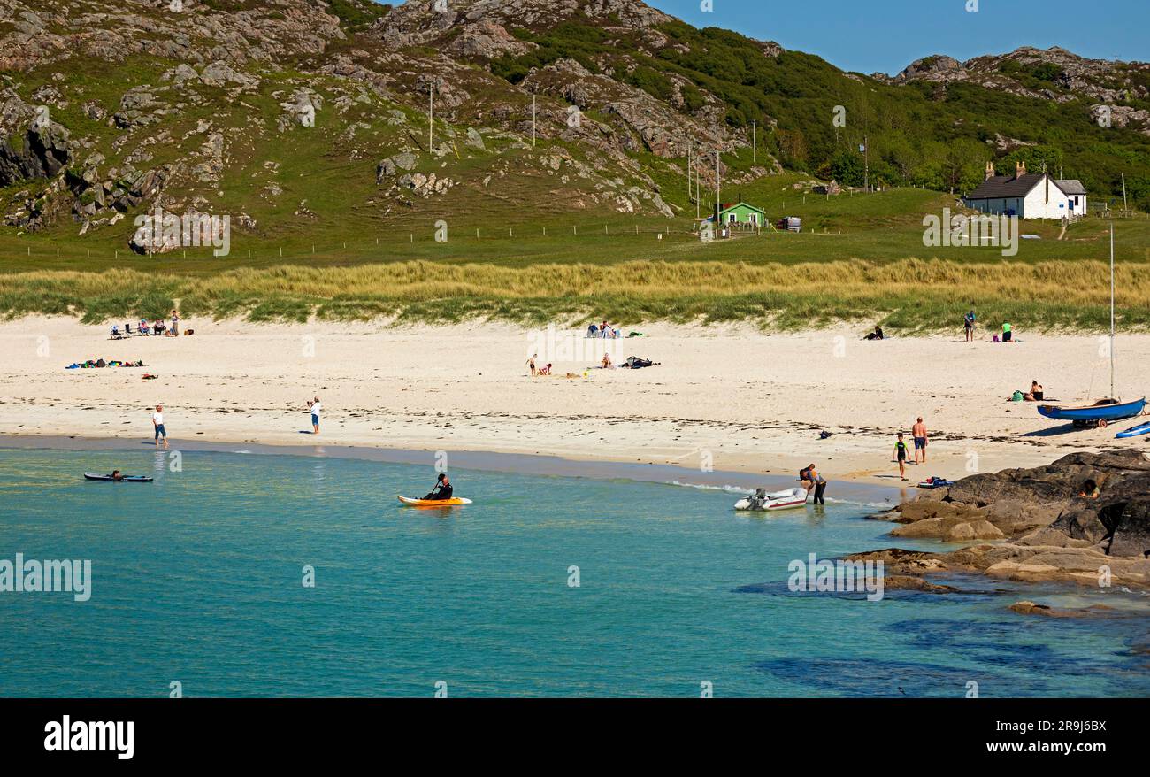 Spiaggia di Achmelvich ad Assynt, Sutherland, North West Scotland, Achmelvich Bay, Beach, Scozia, Regno Unito Foto Stock