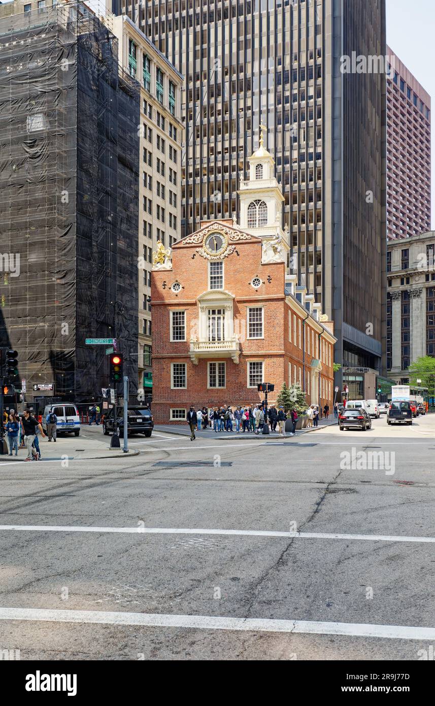 Old State House è l'ex sede del governo restaurata per la città di Boston, la contea di Suffolk e il Commonwealth del Massachusetts. Foto Stock